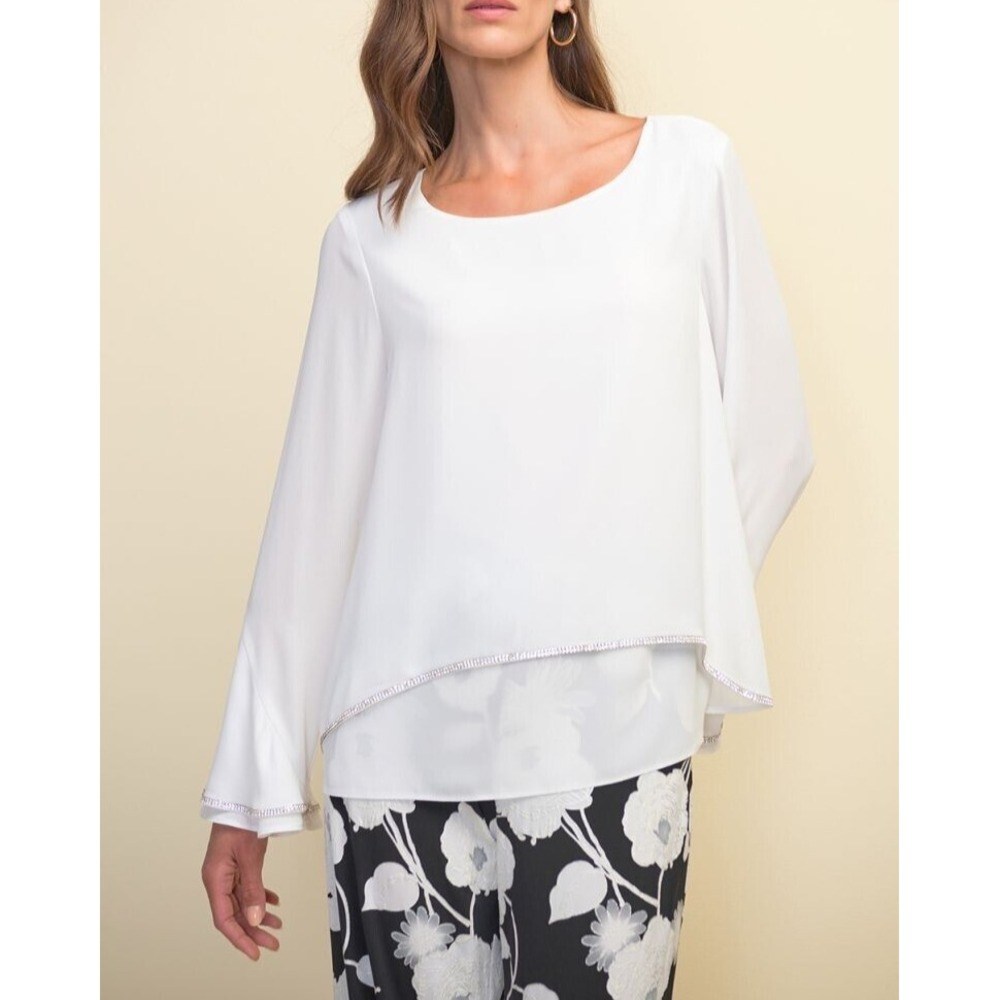 Joseph Ribkoff  Blouse White Overlay‎ with Rhinestones Trim Size 8
